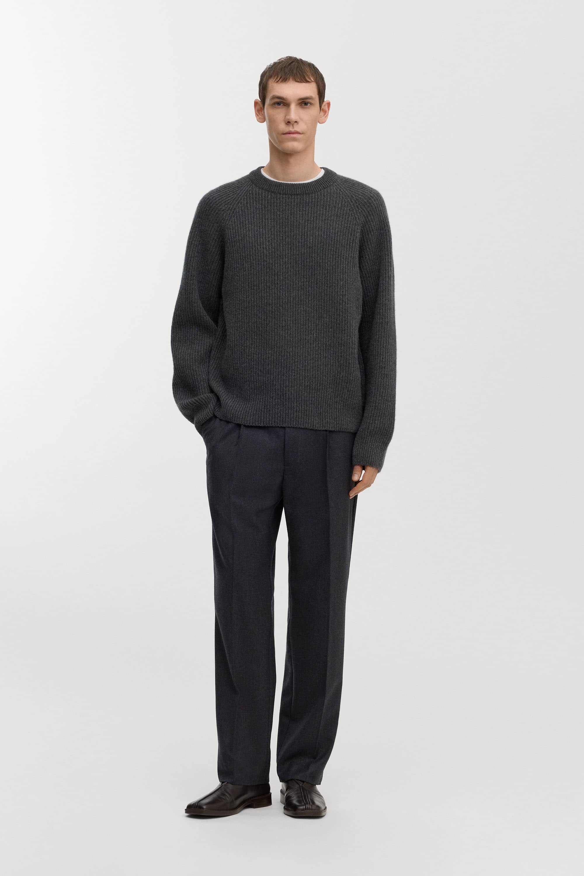 ASKET Heavy Wool Sweater, Recycled wool · charcoal melange — original maker model photograph