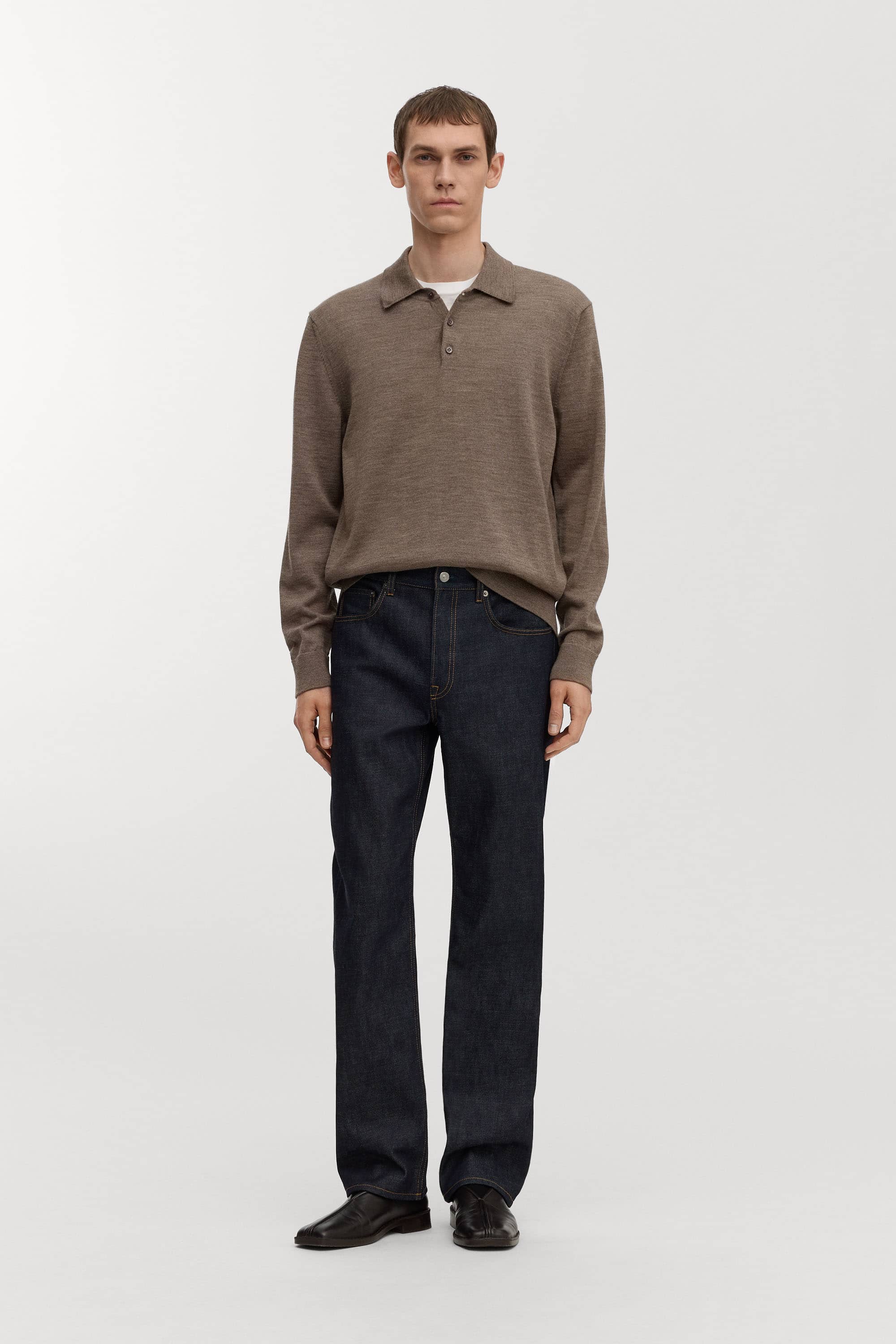 ASKET Merino Wool Polo, Merino · light brown melange — original maker model photograph
