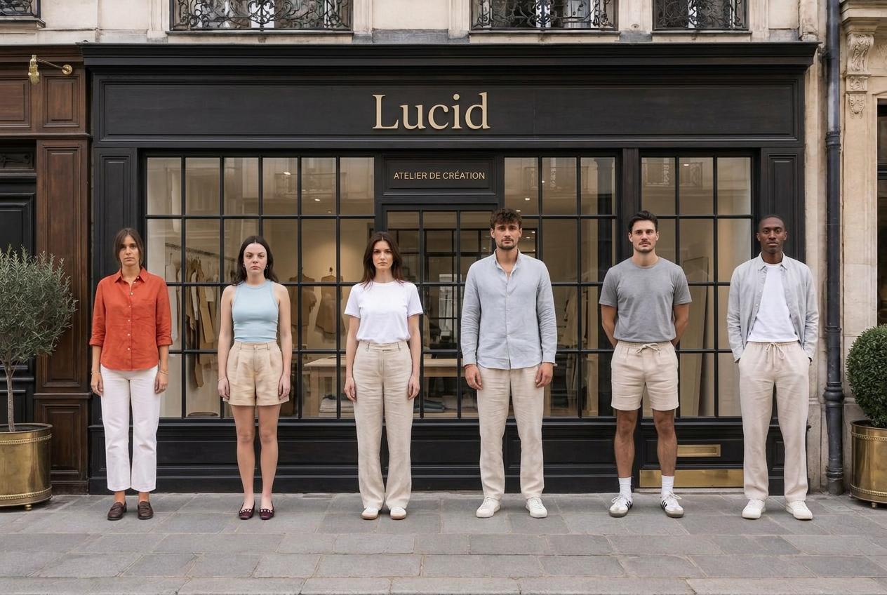 Six lifelike models wearing product-referenced Lucid linen garments outside a daylight shop window