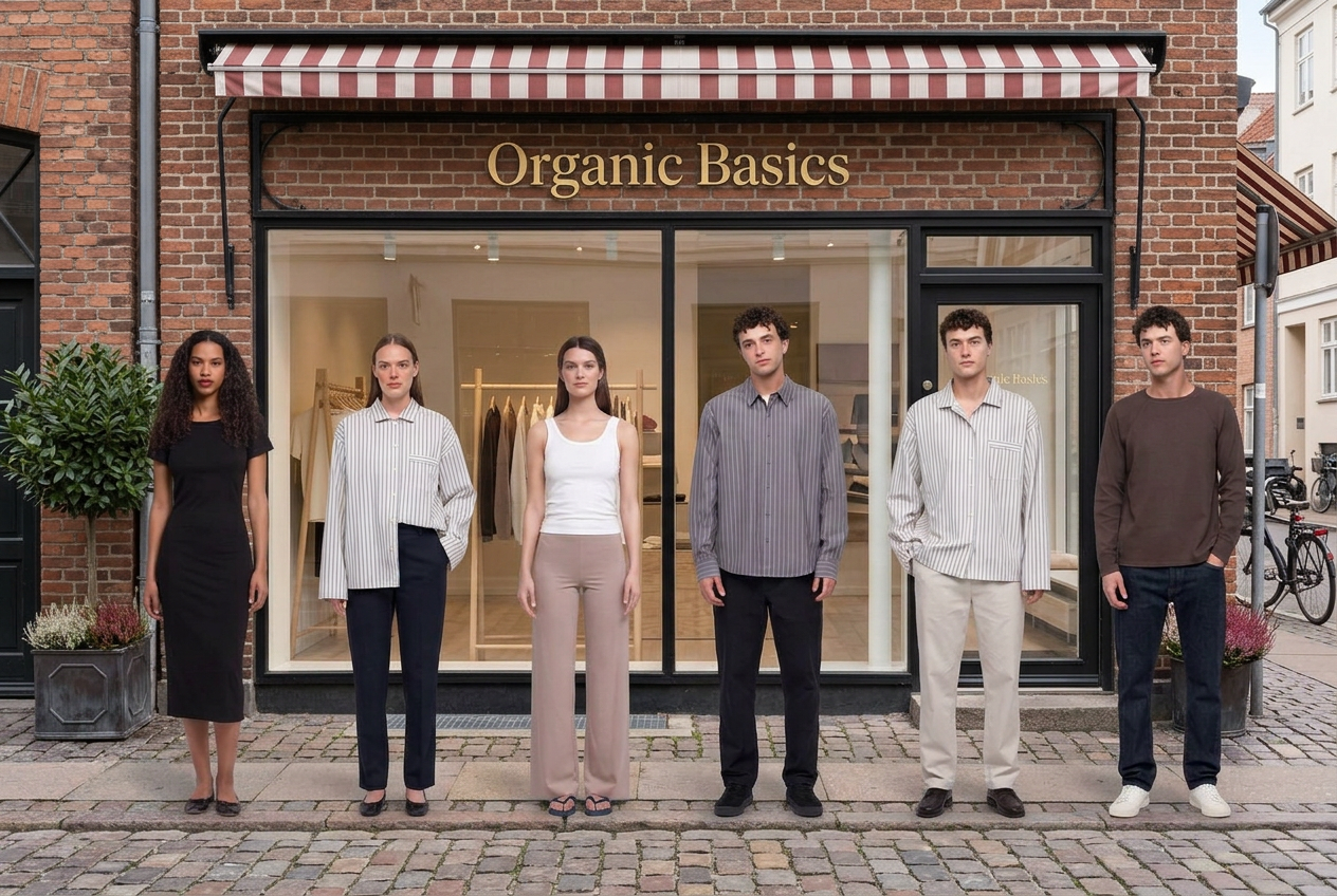 Lifelike models wearing product-referenced Organic Basics essentials outside a daylight shop window