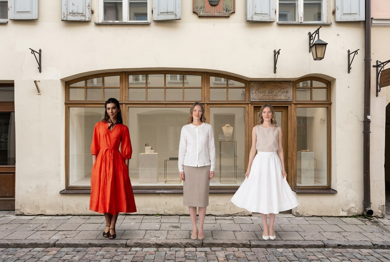 Three lifelike models outside Son de Flor wearing the red Gaia dress, white Peter Pan collar shirt and white linen skirt