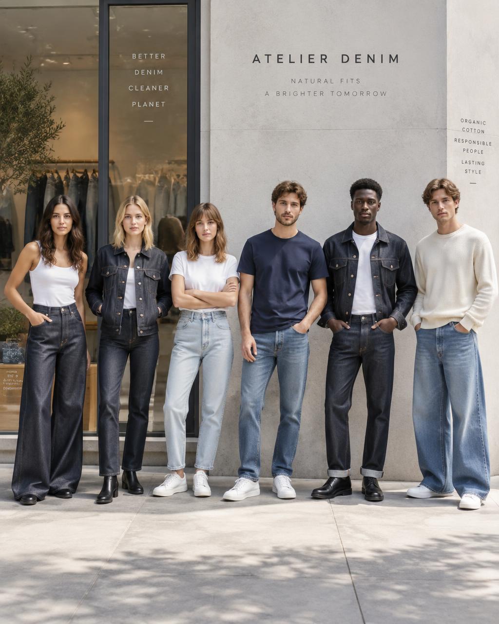 Six models — three women, three men — in organic raw denim outside the Maison Brut window