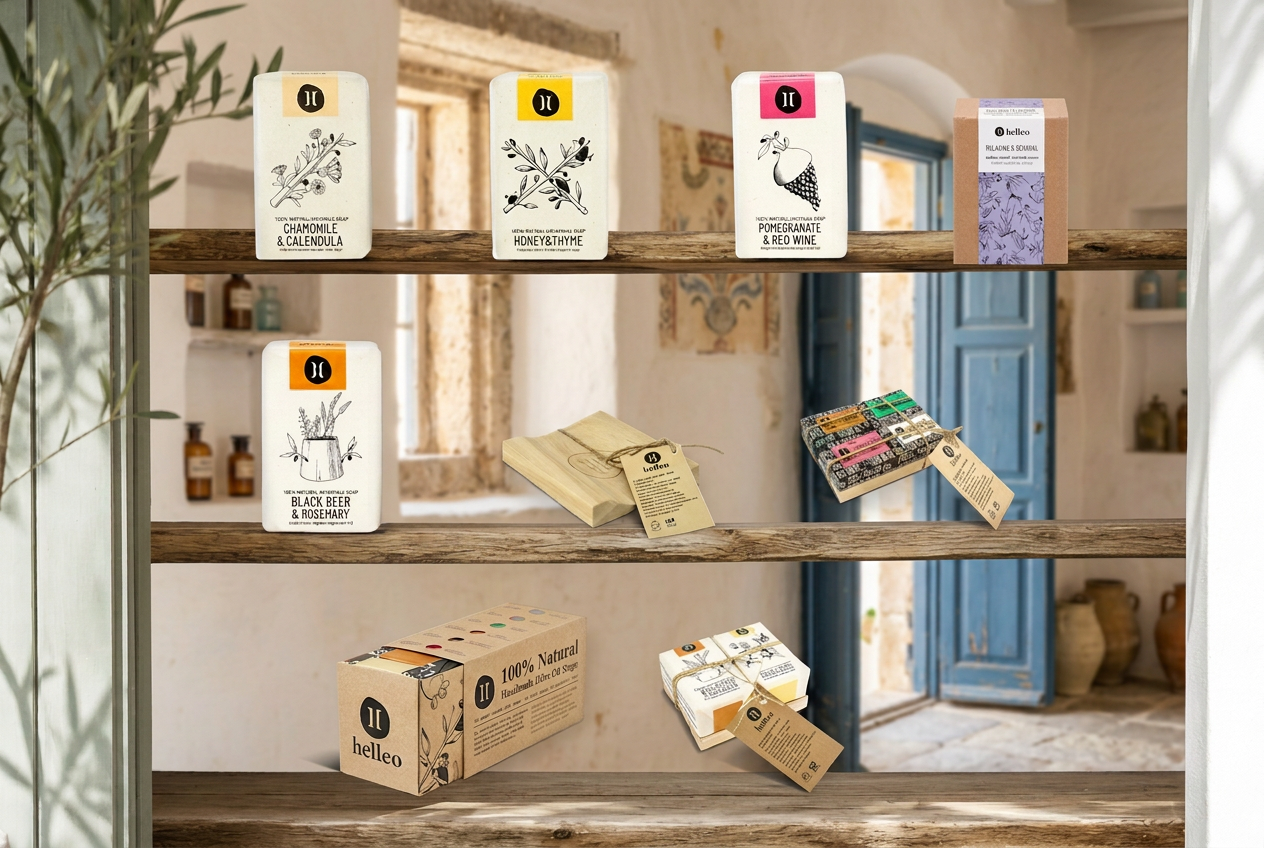 Close-up Helleo apothecary shelves with olive oil soaps, wooden soap dish and gift boxes in bright daylight