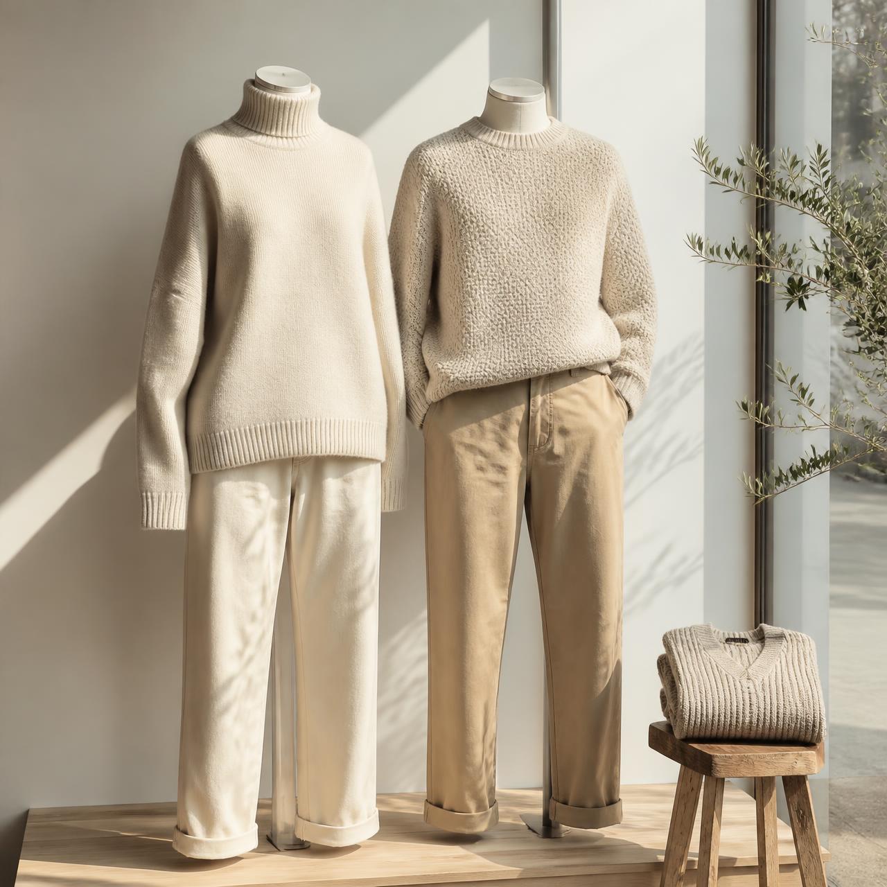 Sunlit boutique window with organic cotton knitwear hanging on a pale wooden rail