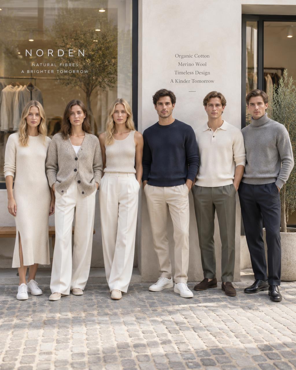 Six models — three women, three men — in organic knitwear outside the sunlit Ateljé Nord window