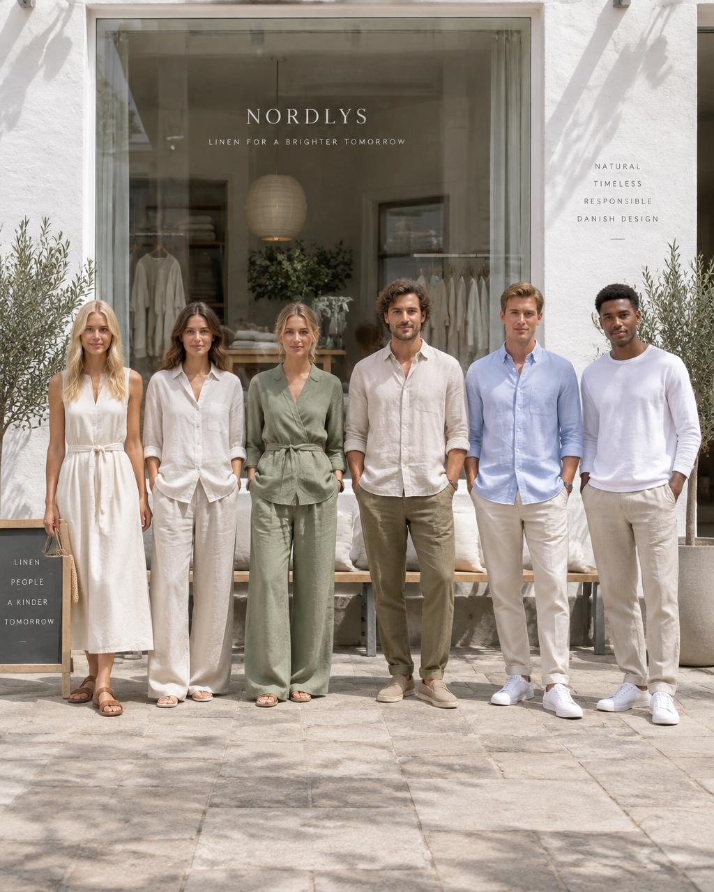 Six models — three women, three men — in organic linen staples outside the Vestre window