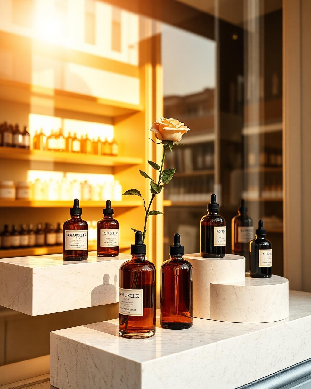 Amber glass skincare bottles in a daylight-lit Terre & Sel boutique window