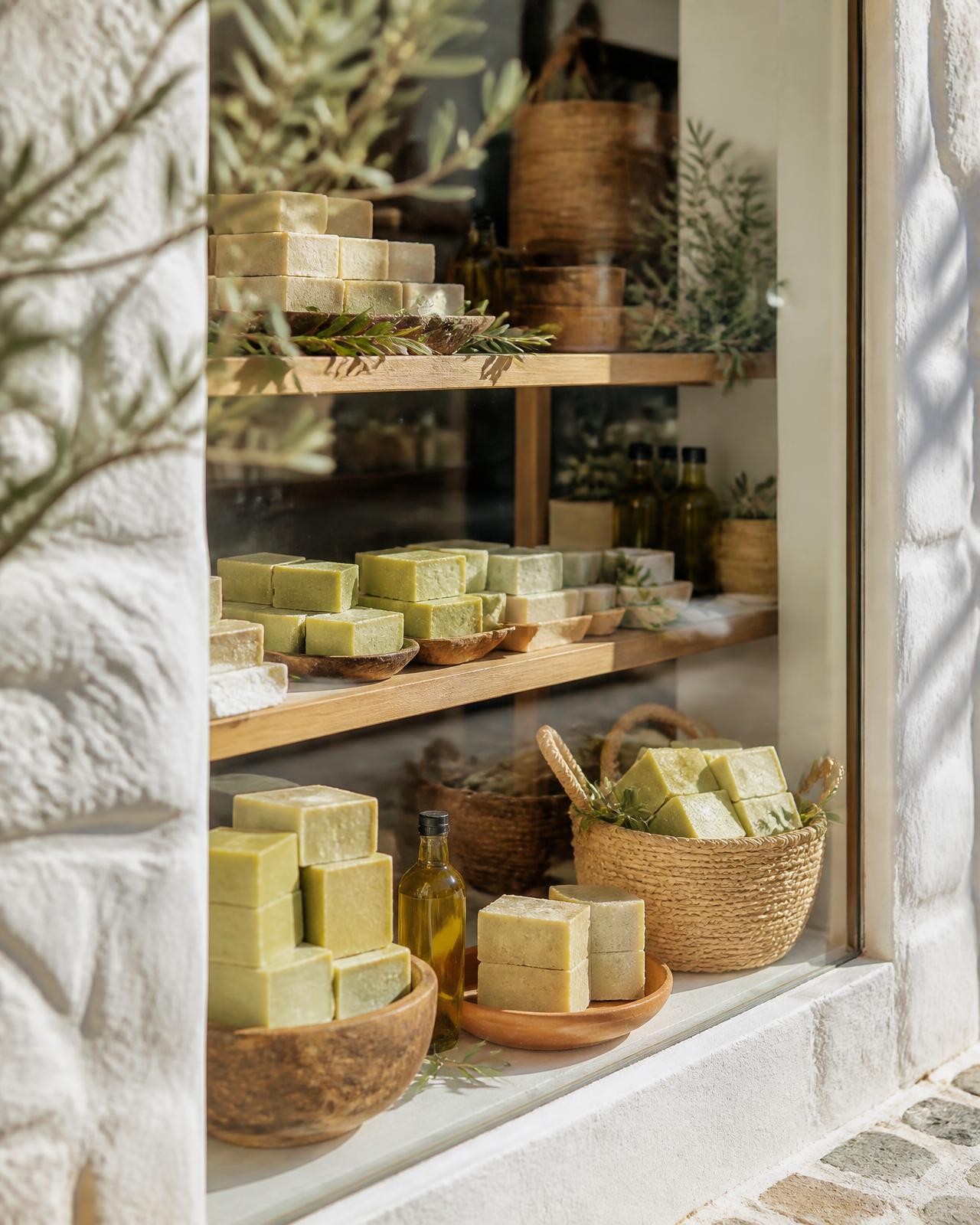 Whitewashed Cretan shop window with stacked green olive oil soap bars on oak shelves and woven baskets