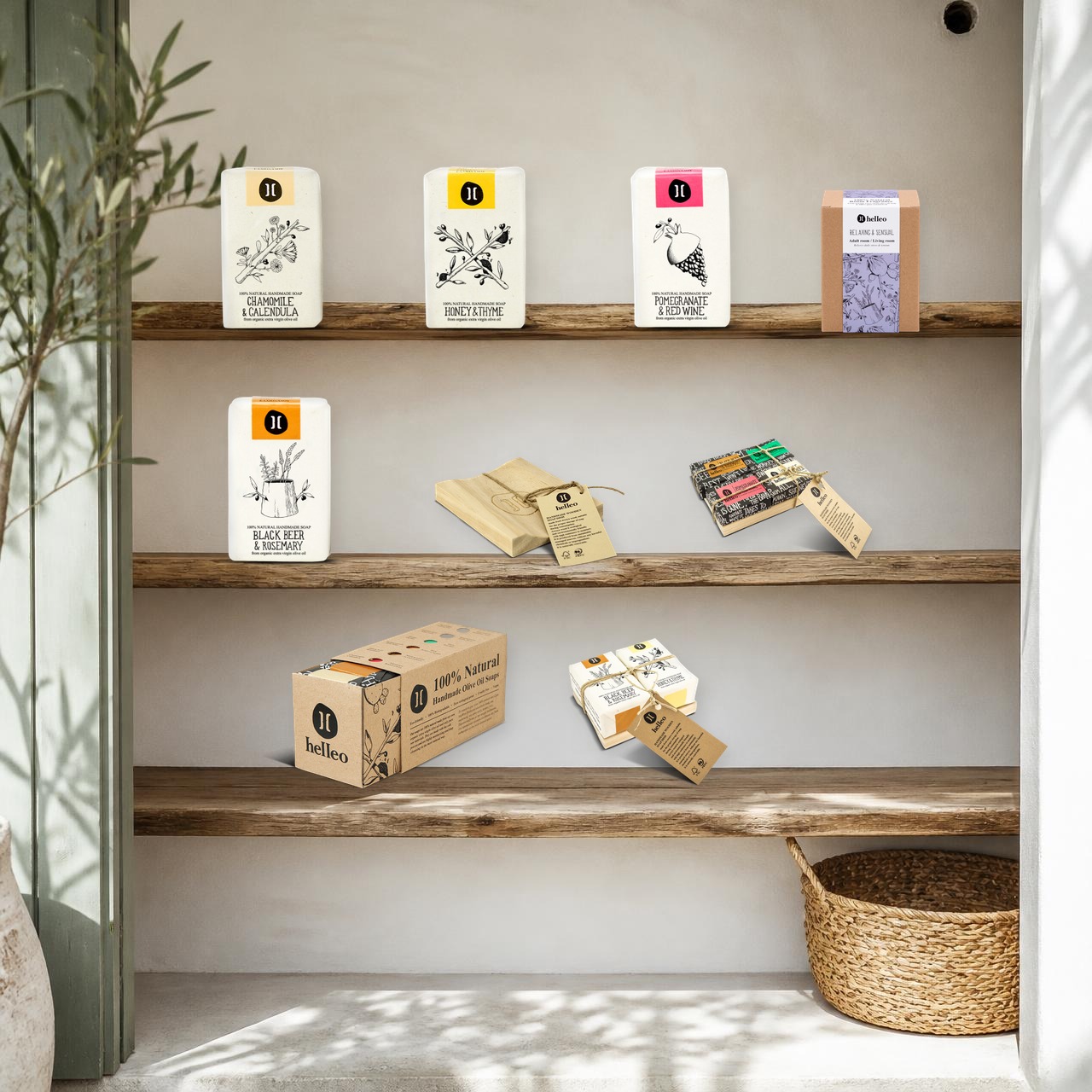 Whitewashed Cretan window with real Helleo olive oil soaps, wooden soap dish and gift boxes on oak shelves