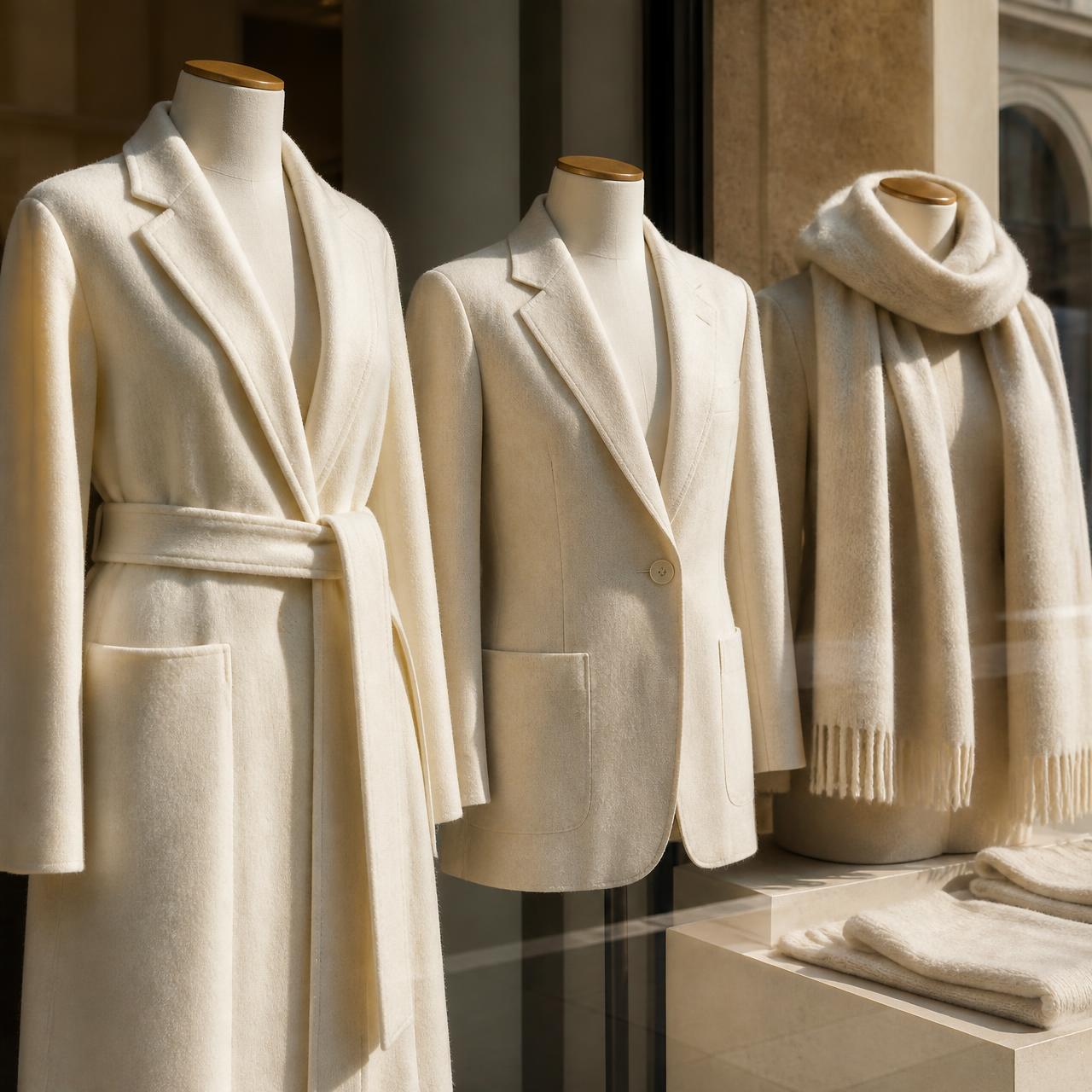 Sunlit boutique window with organic wool coats and scarves on mannequins