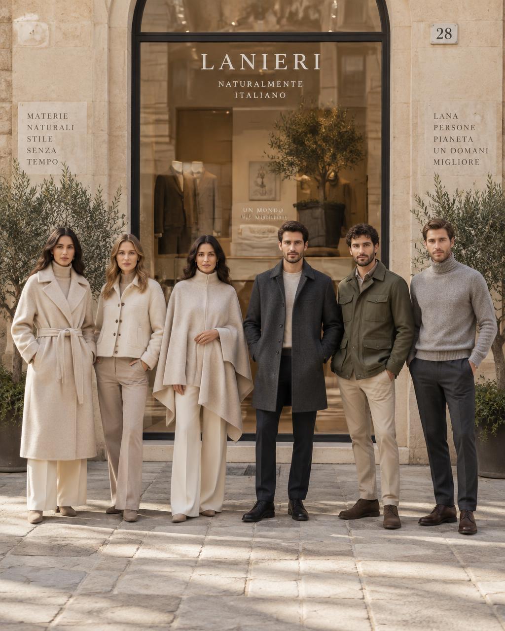 Six models — three women, three men — in organic wool outerwear outside the Lanaro window